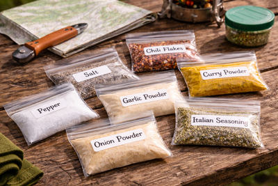 Ziplock bags of spices, labeled neatly