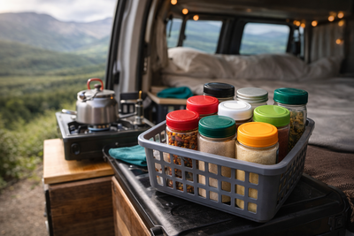 Spices sitting on the counter in a van at a campsite